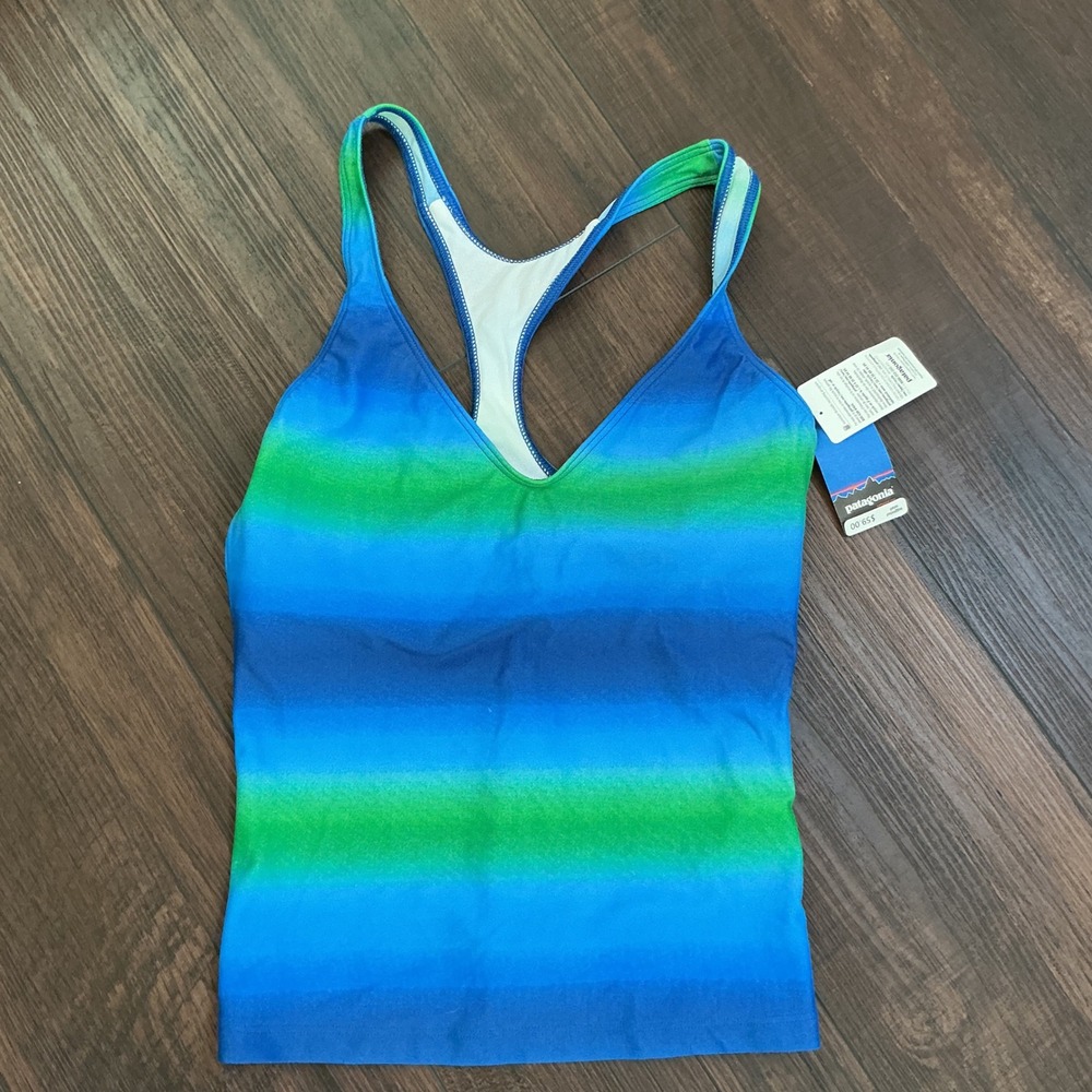 Patagonia Bibiana Tankini Top Blue Green Ombre Stripe Racerback Small NWT Swim